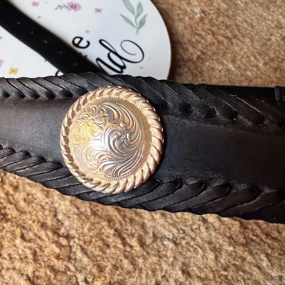 Women’s genuine black leather western belt with a gold-toned buckle and conchos. - Picture 6 of 17